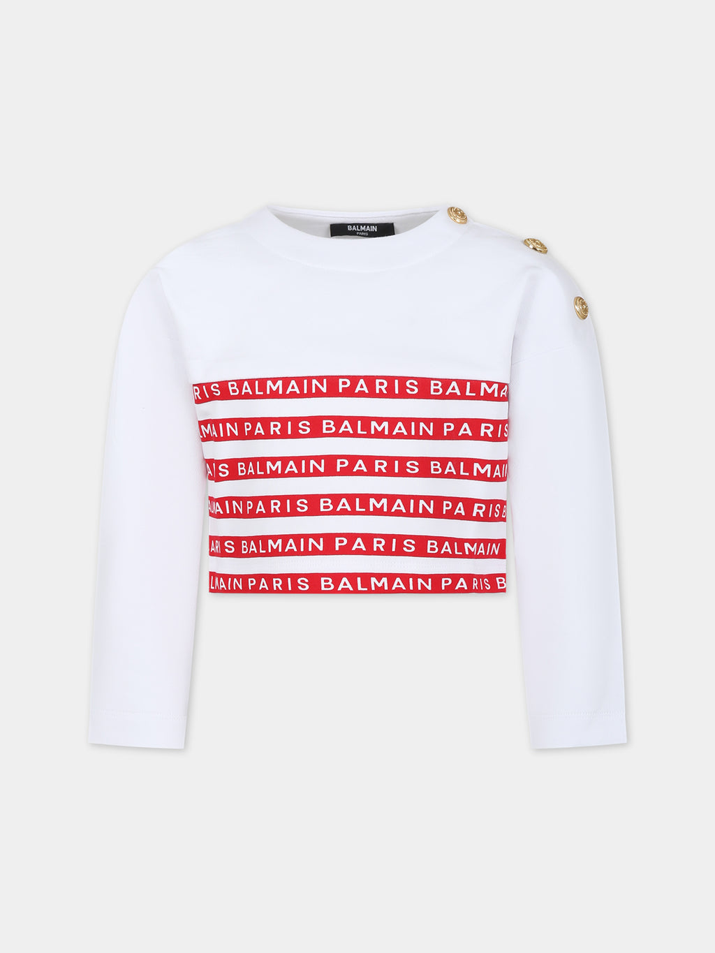 White sweatshirt for girl with red stripes and logo